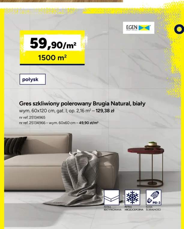 Gres szkliwiony polerowany Egen Brugia Natural biały 60x120 cm